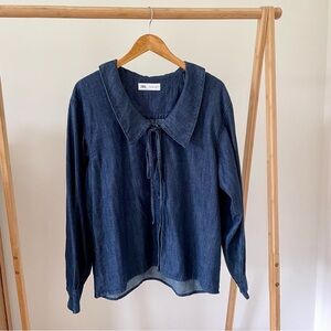 Zara Denim Oversized Bib Collar Button Front Tie Top in Blue - M